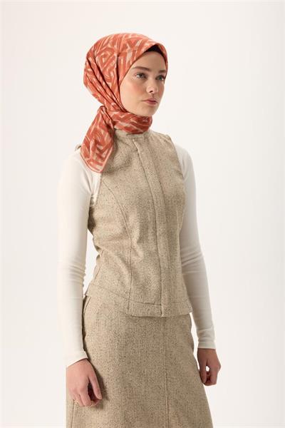 İnce Pamuk Soft Eşarp Krem Soğan Kabuğu Taba Desenli Nefes Alan 90x90