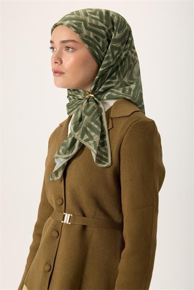 İnce Pamuk Soft Eşarp Su Yeşili Küf Yeşili Desenli Nefes Alan 90x90