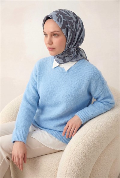 Pamuk Karışımlı Eşarp Bebe Mavi Modern Flora Desen Soft Dokulu Kaymaz 90X90