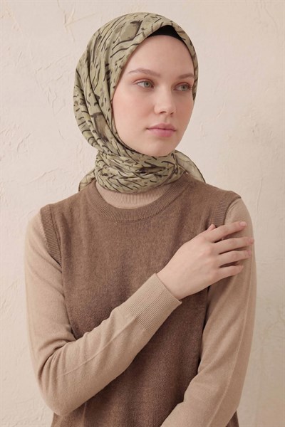 Pamuk Karışımlı Soft Eşarp Fırça Darbeli Desen Yeşil Bej 90x90