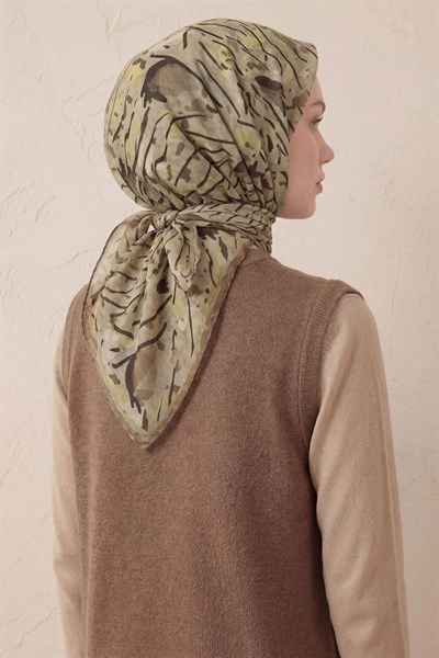 Pamuk Karışımlı Soft Eşarp Fırça Darbeli Desen Yeşil Bej 90x90