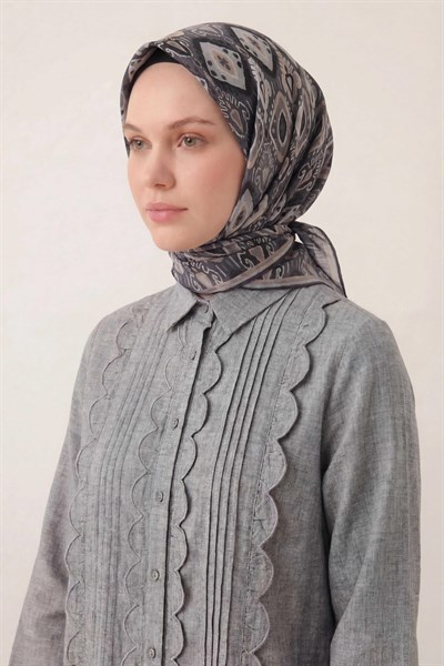 Pamuk Karışımlı Soft Eşarp Baklava Desen Gri 90x90