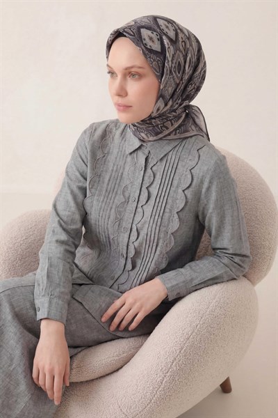 Pamuk Karışımlı Soft Eşarp Baklava Desen Gri 90x90