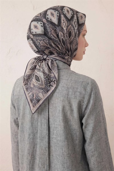 Pamuk Karışımlı Soft Eşarp Baklava Desen Gri 90x90