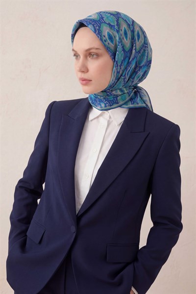 Pamuk Karışımlı Soft Eşarp Baklava Desen Saks Mavi 90x90