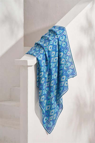Pamuk Karışımlı Soft Eşarp Baklava Desen Saks Mavi 90x90