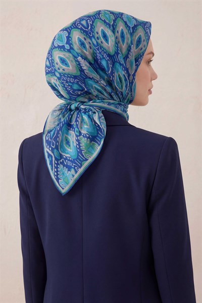 Pamuk Karışımlı Soft Eşarp Baklava Desen Saks Mavi 90x90