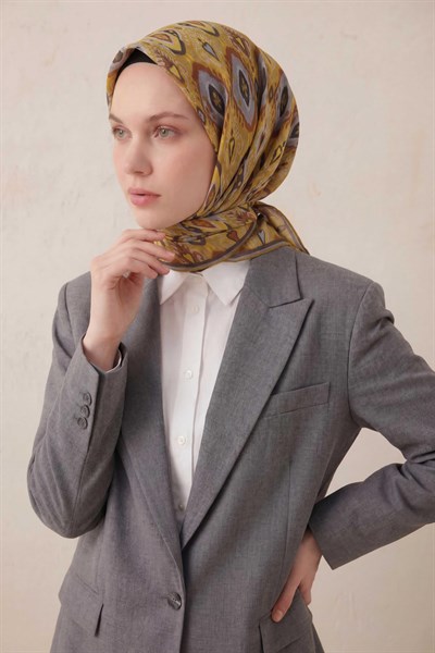 Pamuk Karışımlı Soft Eşarp Baklava Desen Hardal 90x90