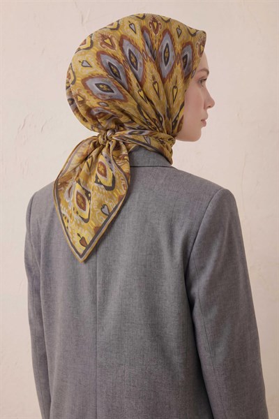 Pamuk Karışımlı Soft Eşarp Baklava Desen Hardal 90x90