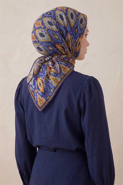 Pamuk Karışımlı Soft Eşarp Baklava Desen Canlı Mavi 90x90