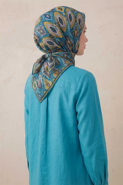 Pamuk Karışımlı Soft Eşarp Baklava Desen Petrol Mavisi 90x90