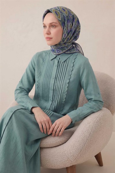 Pamuk Karışımlı Soft Eşarp Baklava Desen Patina Yeşili 90x90