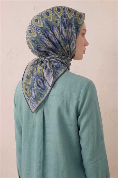 Pamuk Karışımlı Soft Eşarp Baklava Desen Patina Yeşili 90x90