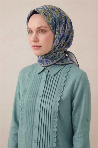 Pamuk Karışımlı Soft Eşarp Baklava Desen Patina Yeşili 90x90