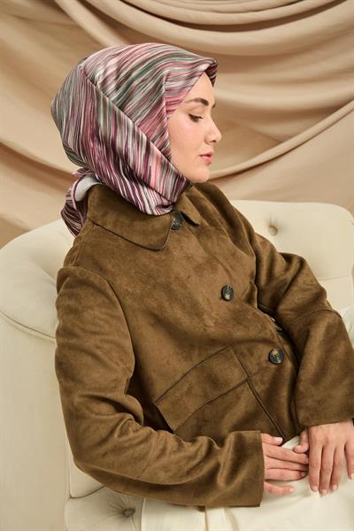 Twill İpek Eşarp Pudra-Yeşil Tonlu Kaymaz Tok Duruşlu Kumaş 90x90