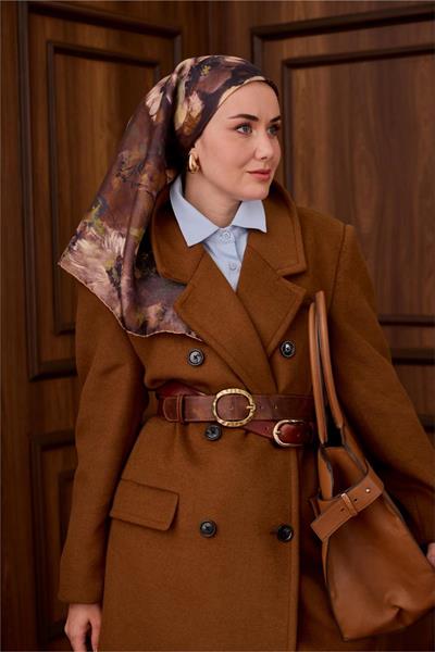 Twill İpek Eşarp Sütlü Kahve-Kahverengi Desenli Tok Duruşlu 90x90