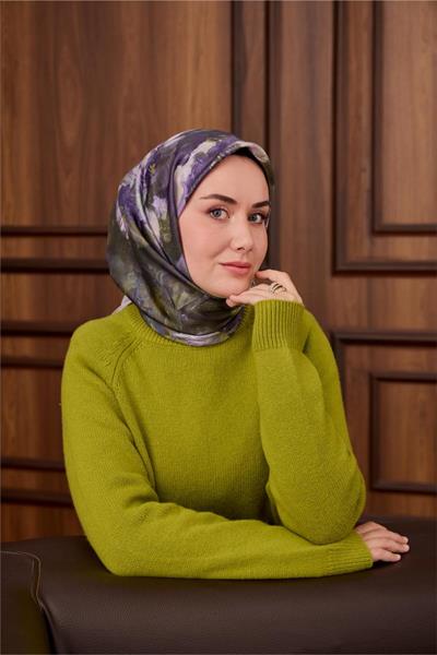 Twill İpek Eşarp Leylak-Yeşil Desenli Tok Duruşlu 90x90