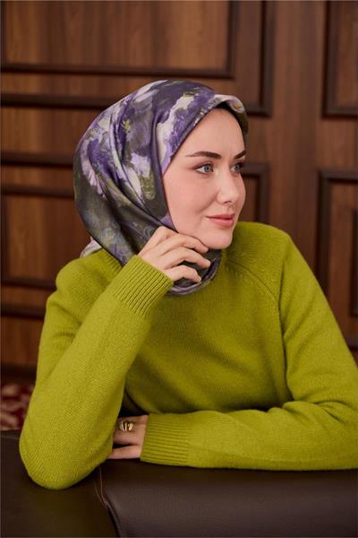 Twill İpek Eşarp Leylak-Yeşil Desenli Tok Duruşlu 90x90