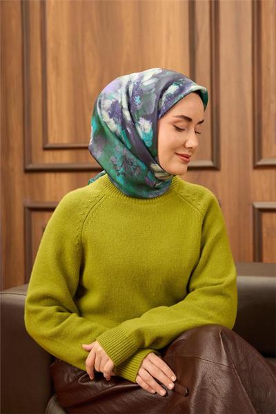 Twill İpek Eşarp Turkuaz-Mor Desenli Tok Duruşlu 90x90