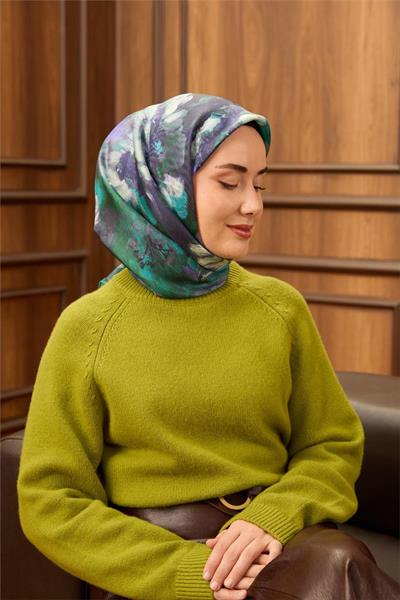 Twill İpek Eşarp Turkuaz-Mor Desenli Tok Duruşlu 90x90