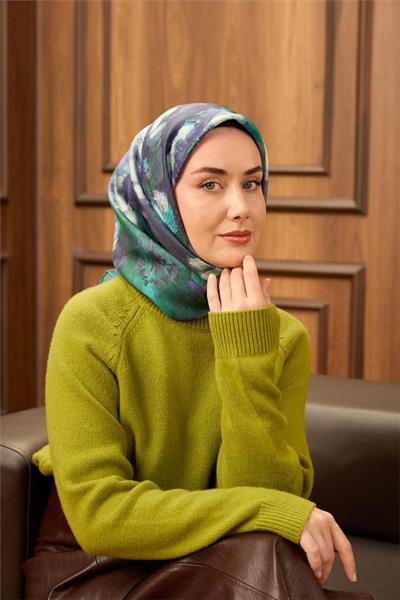 Twill İpek Eşarp Turkuaz-Mor Desenli Tok Duruşlu 90x90