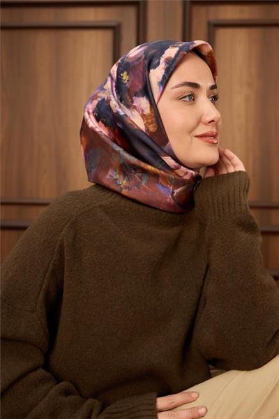 Twill İpek Eşarp Hardal-Bakır Kahve Desenli Tok Duruşlu 90x90