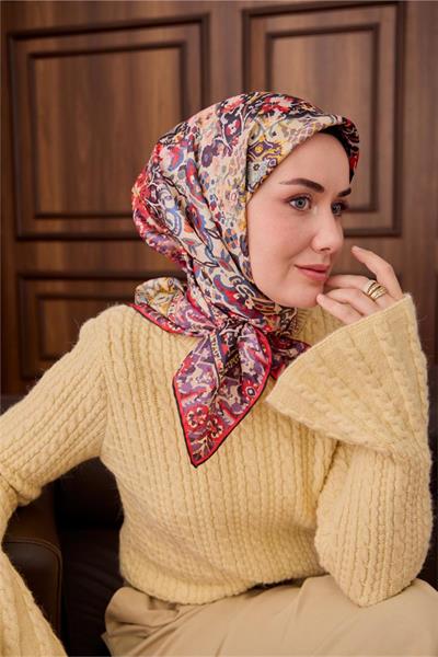 Twill İpek Eşarp Mor-Butter Yellow Desenli Tok Duruşlu 90x90