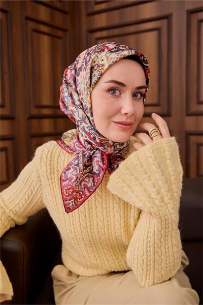 Twill İpek Eşarp Mor-Butter Yellow Desenli Tok Duruşlu 90x90