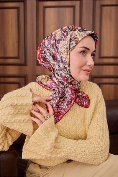 Twill İpek Eşarp Mor-Butter Yellow Desenli Tok Duruşlu 90x90