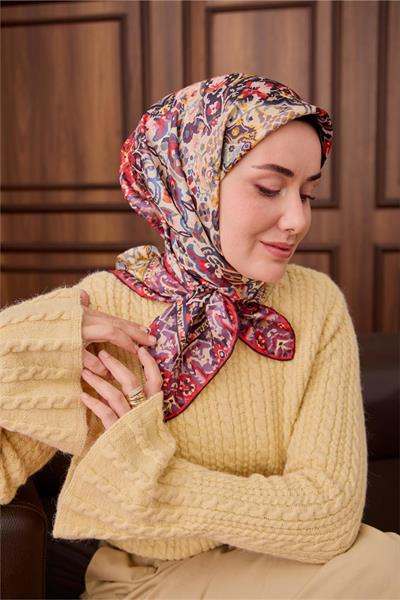 Twill İpek Eşarp Mor-Butter Yellow Desenli Tok Duruşlu 90x90