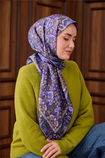 Twill İpek Eşarp Mor–Bebe Mavi Desenli Tok Duruşlu Kaymaz 90x90