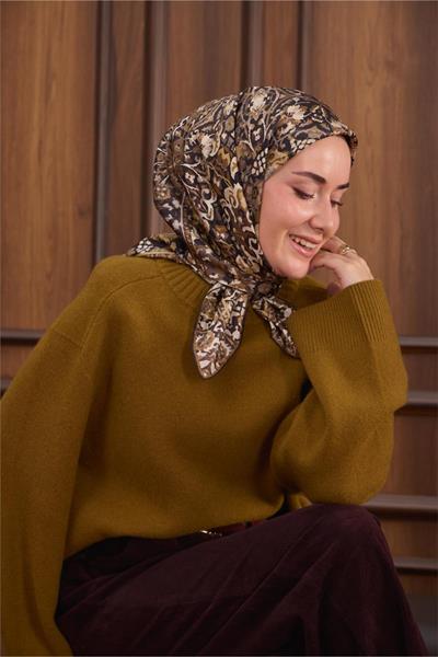Twill İpek Eşarp Siyah–Haki Desenli Tok Duruşlu Kaymaz 90x90