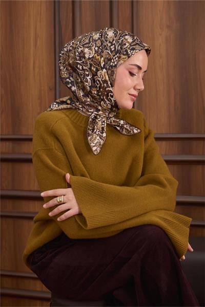 Twill İpek Eşarp Siyah–Haki Desenli Tok Duruşlu Kaymaz 90x90