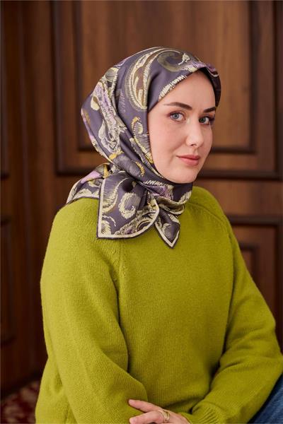 Twill İpek Eşarp Mavi Gri-Butter Yellow Desenli Tok Duruşlu 90x90