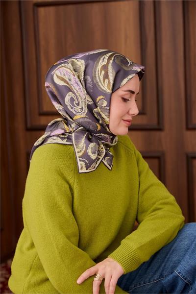 Twill İpek Eşarp Mavi Gri-Butter Yellow Desenli Tok Duruşlu 90x90