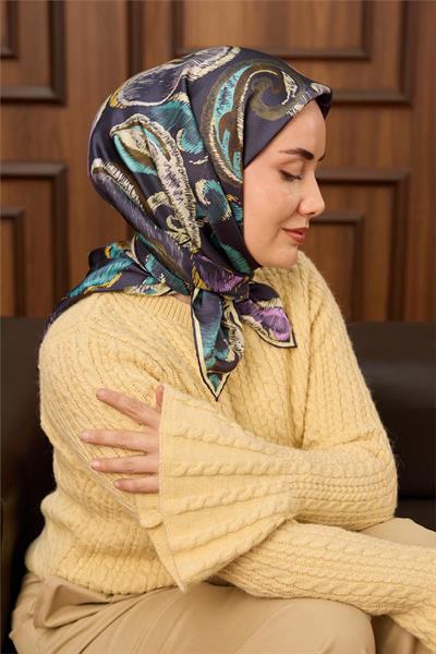 Twill İpek Eşarp Morcivert-Butter Desenli Tok Duruşlu 90x90