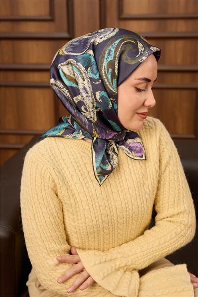Twill İpek Eşarp Morcivert-Butter Desenli Tok Duruşlu 90x90
