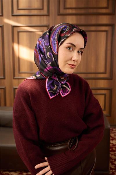 Twill İpek Eşarp Siyah-Fuşya Desenli Tok Duruşlu 90x90