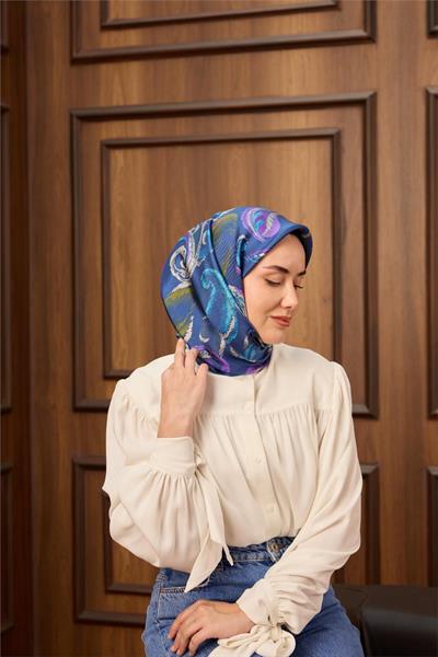 Twill İpek Eşarp Mavi-Gök Mavi Desenli Tok Duruşlu 90x90
