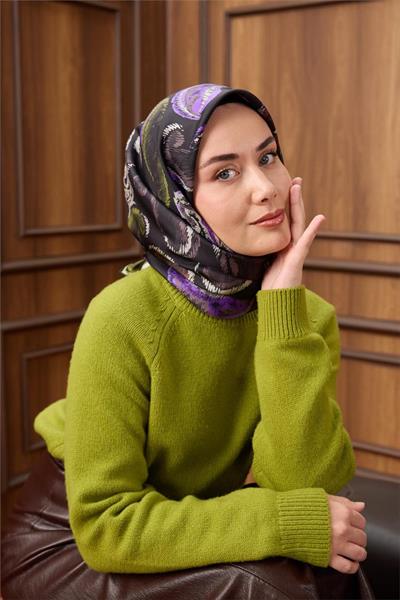 Twill İpek Eşarp Siyah-Funda Desenli Tok Duruşlu 90x90
