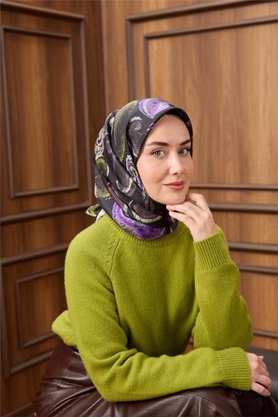 Twill İpek Eşarp Siyah-Funda Desenli Tok Duruşlu 90x90