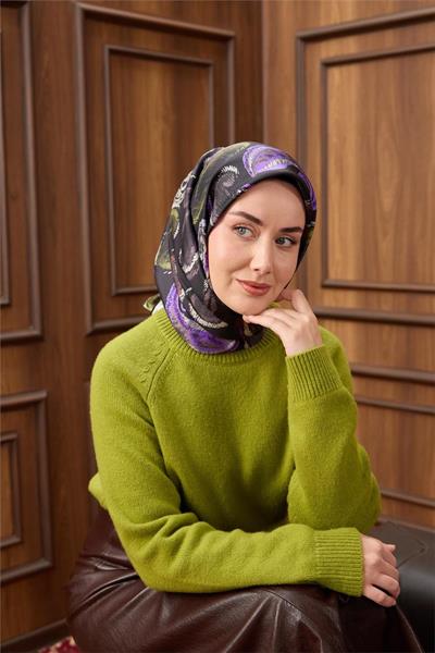 Twill İpek Eşarp Siyah-Funda Desenli Tok Duruşlu 90x90
