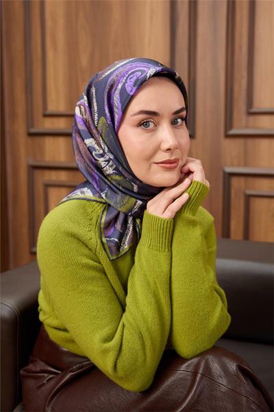 Twill İpek Eşarp Koyu Lacivert-Funda Desenli Tok Duruşlu 90x90