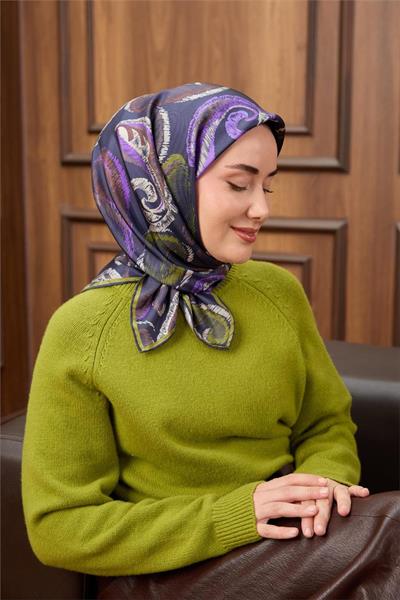 Twill İpek Eşarp Koyu Lacivert-Funda Desenli Tok Duruşlu 90x90