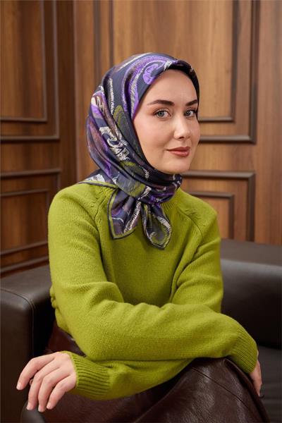 Twill İpek Eşarp Koyu Lacivert-Funda Desenli Tok Duruşlu 90x90