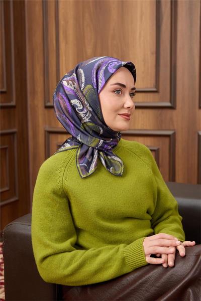 Twill İpek Eşarp Koyu Lacivert-Funda Desenli Tok Duruşlu 90x90