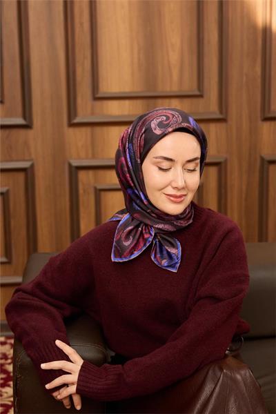 Twill İpek Eşarp Bordo–Saks Desenli Tok Duruşlu 90x90
