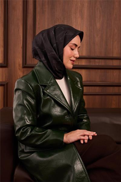 Twill İpek Eşarp Koyu Yeşil–Yeşil–Yeşil Gri Desenli Tok Duruşlu 90x90