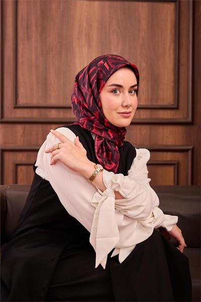 Twill İpek Eşarp Siyah–Mercan–Mor Desenli Tok Duruşlu 90x90