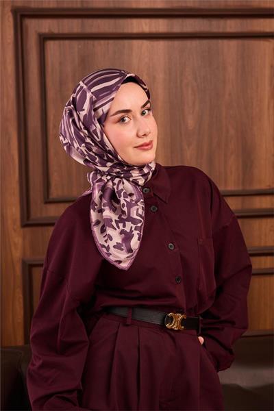 Twill İpek Eşarp Mor-Erguvan Desenli Tok Duruşlu 90x90